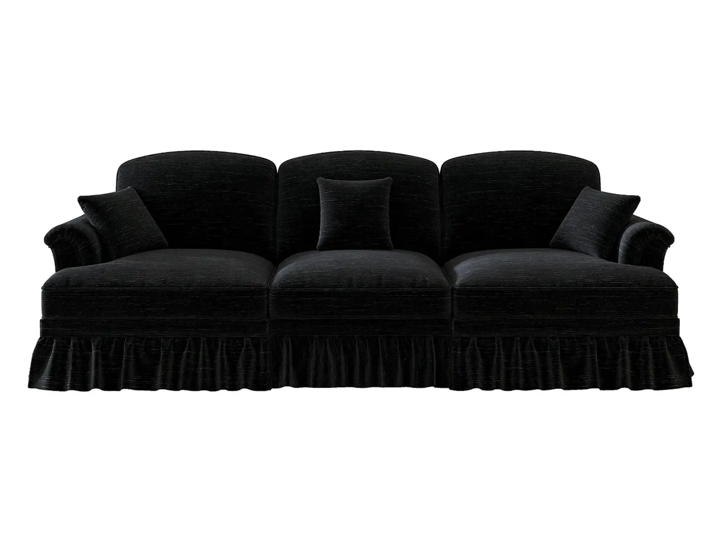 Sofá de 3 lugares em tecido chenille preto - Com apoio lombar e saia plissada removível.