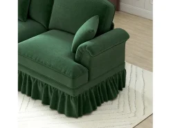Sofá de 3 lugares em tecido chenille verde - Com apoio lombar e saia plissada removível.