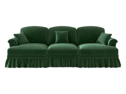 Sofá de 3 lugares em tecido chenille verde - Com apoio lombar e saia plissada removível.