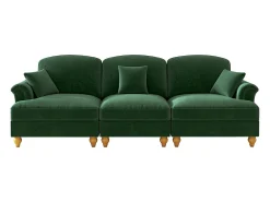 Sofá de 3 lugares em tecido chenille verde - Com apoio lombar e saia plissada removível.