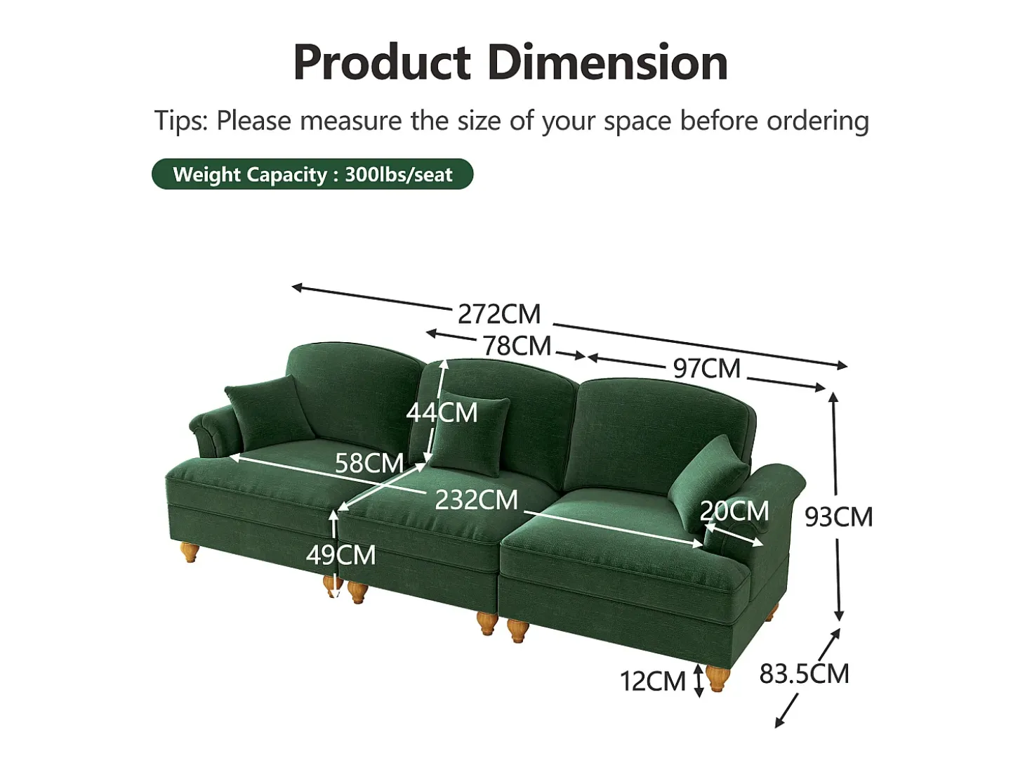 Sofá de 3 lugares em tecido chenille verde - Com apoio lombar e saia plissada removível.