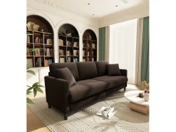 Sofá de 3 lugares em Teddy Velvet, sofá grande do sofá direito em madeira maciça, sofre com apoios de braços, 210 x 79 x 89 cm - marrom