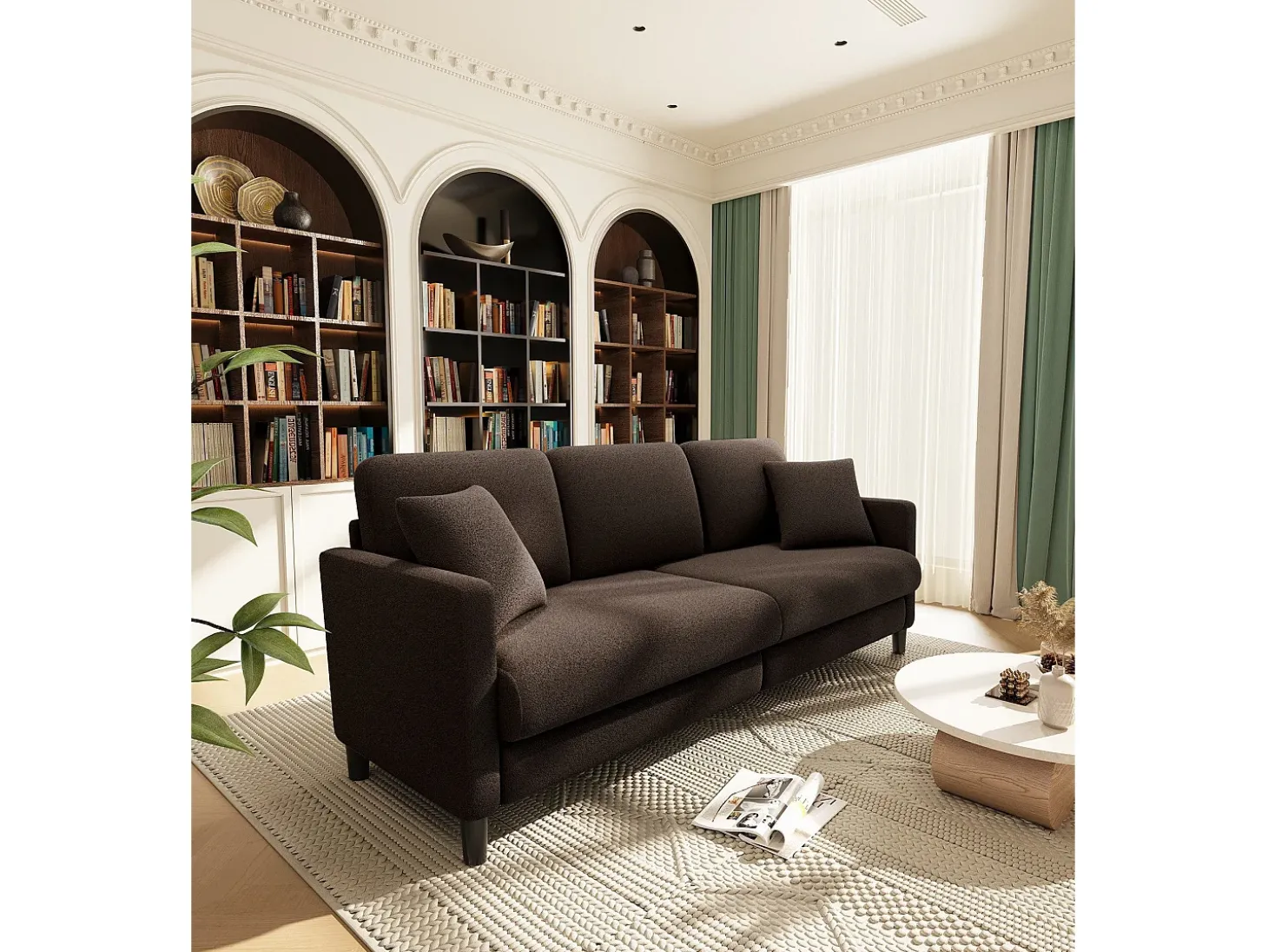 Sofá de 3 lugares em Teddy Velvet, sofá grande do sofá direito em madeira maciça, sofre com apoios de braços, 210 x 79 x 89 cm - marrom