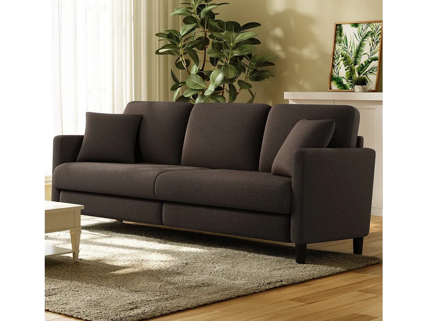 Sofá de 3 lugares em Teddy Velvet, sofá grande do sofá direito em madeira maciça, sofre com apoios de braços, 210 x 79 x 89 cm - marrom