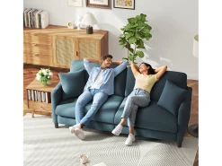 Sofá de 3 lugares em Teddy Velvet, sofá de conforto à direita em madeira maciça, amossa com apoios de braços, 193x79x89cm, azul-cinza-cinza