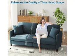 Sofá de 3 lugares em Teddy Velvet, sofá de conforto à direita em madeira maciça, amossa com apoios de braços, 193x79x89cm, azul-cinza-cinza