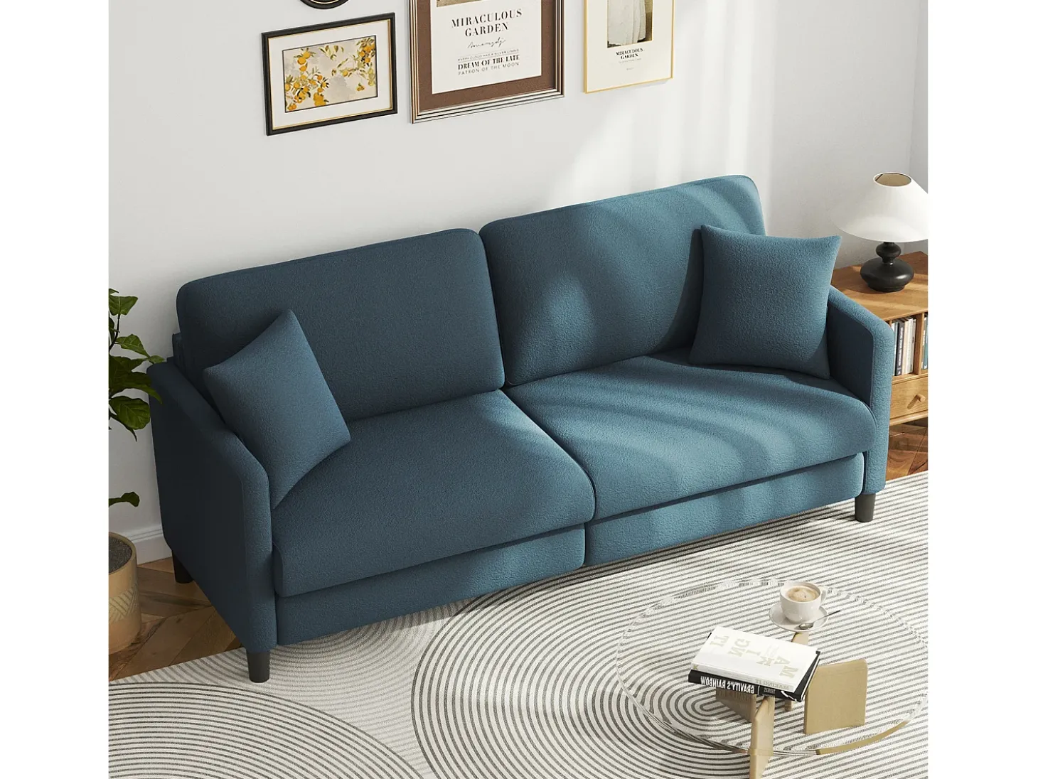 Sofá de 3 lugares em Teddy Velvet, sofá de conforto à direita em madeira maciça, amossa com apoios de braços, 193x79x89cm, azul-cinza-cinza