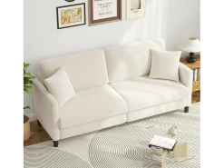 Sofá de 3 lugares em Teddy Velvet, sofá de conforto à direita em madeira maciça, sofá com apoios de braços, 193x79x89cm, bege, bege