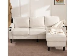 Sofá de 3 lugares estofado​​ - com ​​portas USB e Type-C​​ - com ​​dois porta-copos​​ - ​​Sofá-cama em L​​ - ​​Bege​