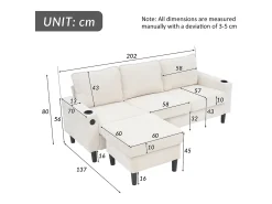 Sofá de 3 lugares estofado​​ - com ​​portas USB e Type-C​​ - com ​​dois porta-copos​​ - ​​Sofá-cama em L​​ - ​​Bege​