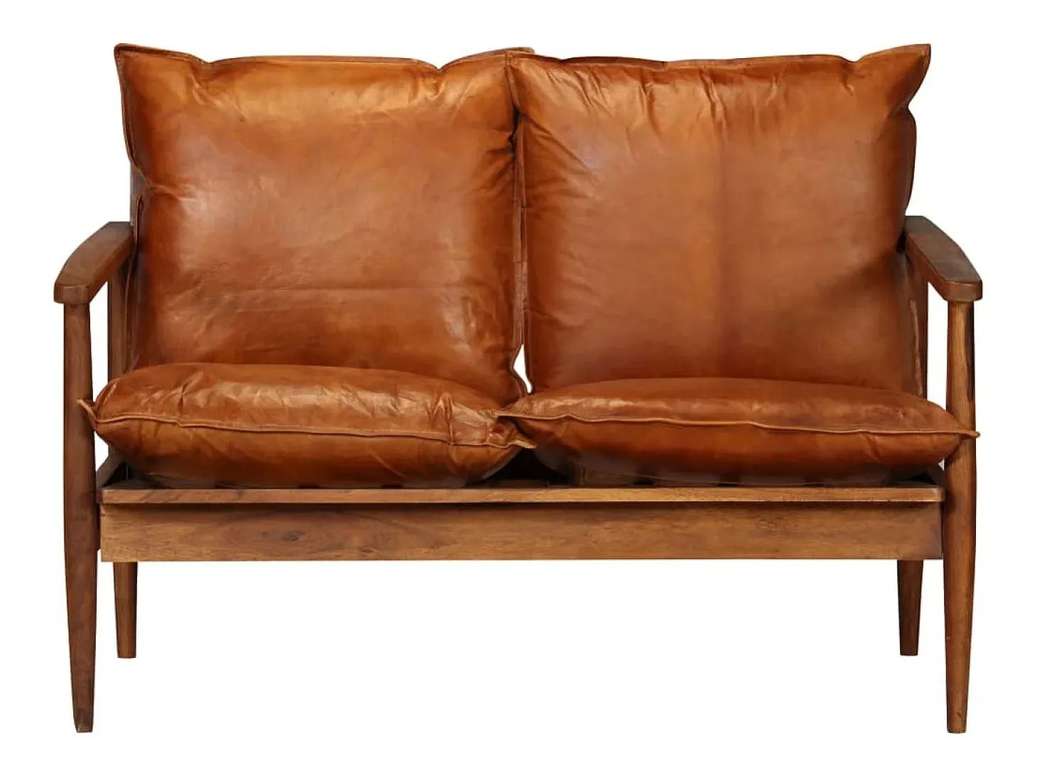 Sofá de 2 lugares para sala de estar sala de TV decoração de interiores em couro legítimo com madeira de acácia marrom 02_0019446