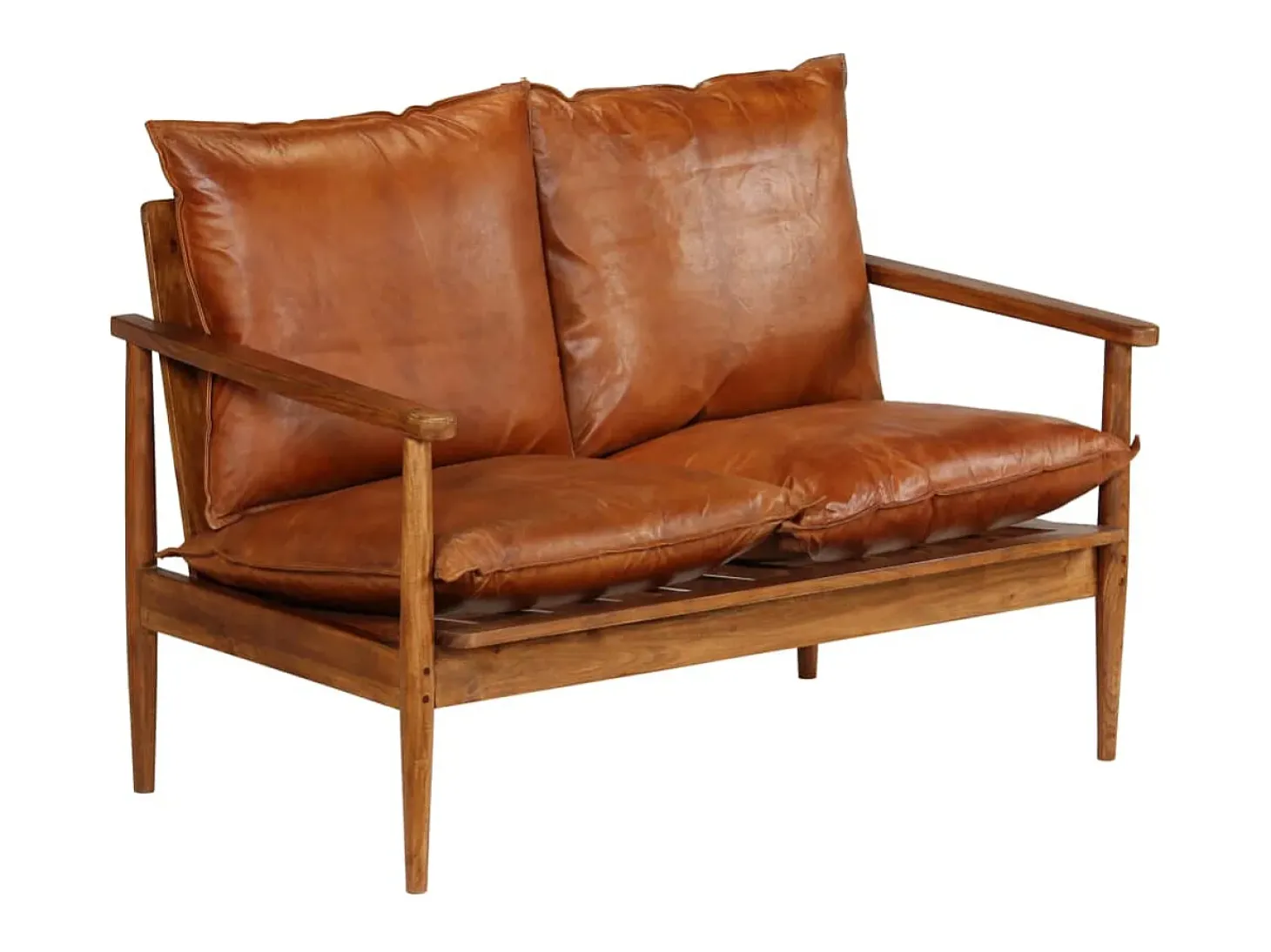 Sofá de 2 lugares para sala de estar sala de TV decoração de interiores em couro legítimo com madeira de acácia marrom 02_0019446