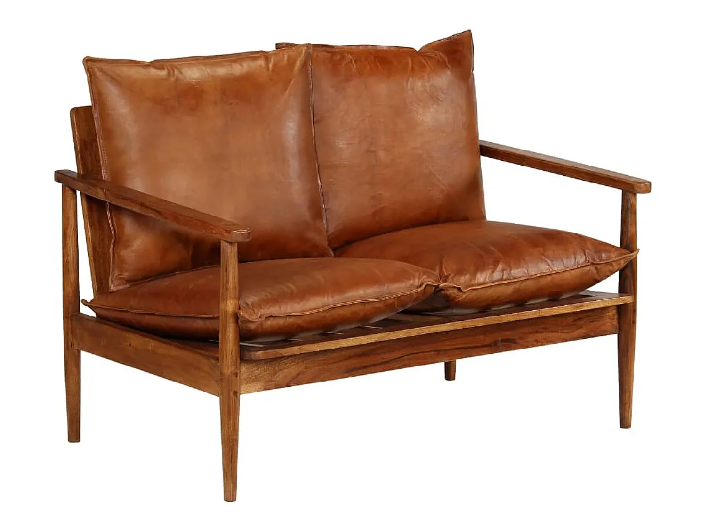 Sofá de 2 lugares para sala de estar sala de TV decoração de interiores em couro legítimo com madeira de acácia marrom 02_0019446
