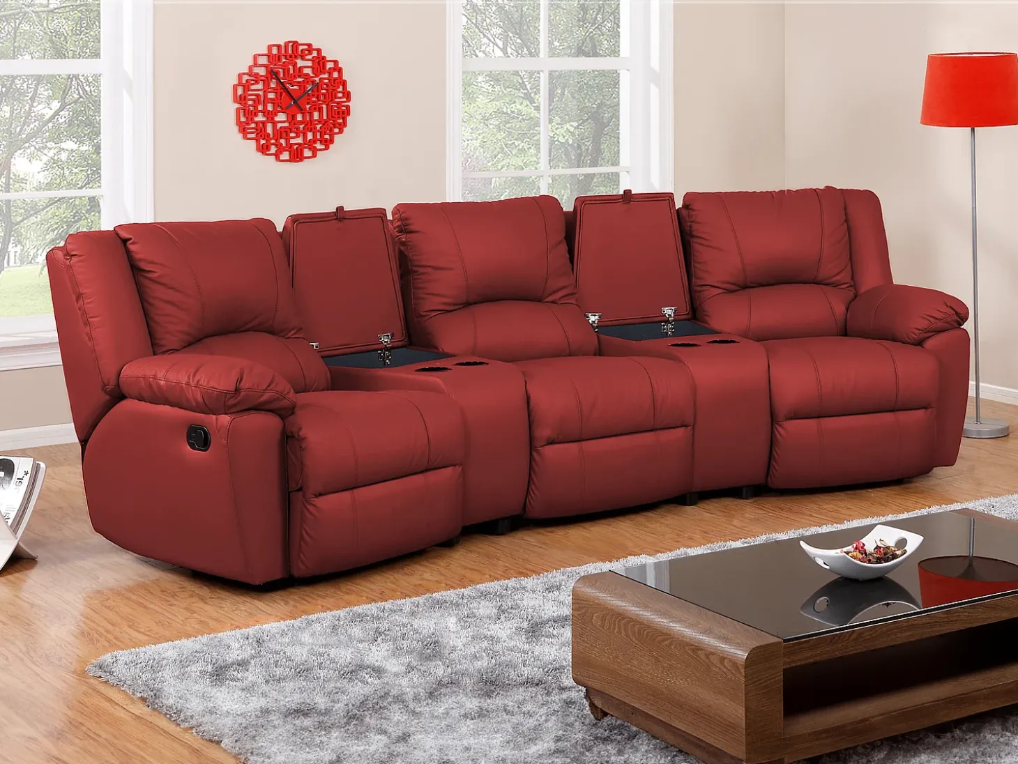Sofá de 3 lugares relax em pele Vermelho - AROMA