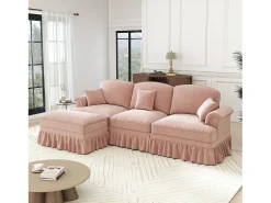 Sofá de 3 lugares rosa com apoio lombar - Apoio para os pés móvel - Tecido chenille