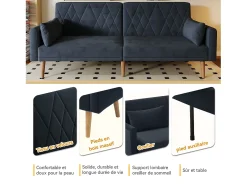 Sofá de 2 lugares Sofá - 180 x 75 x 82 cm - Sofá-cama conversível - encosto ajustável - veludo - preto