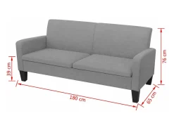 Sofá de 3 lugares 180x65x76 cm cinzento-claro PT860006