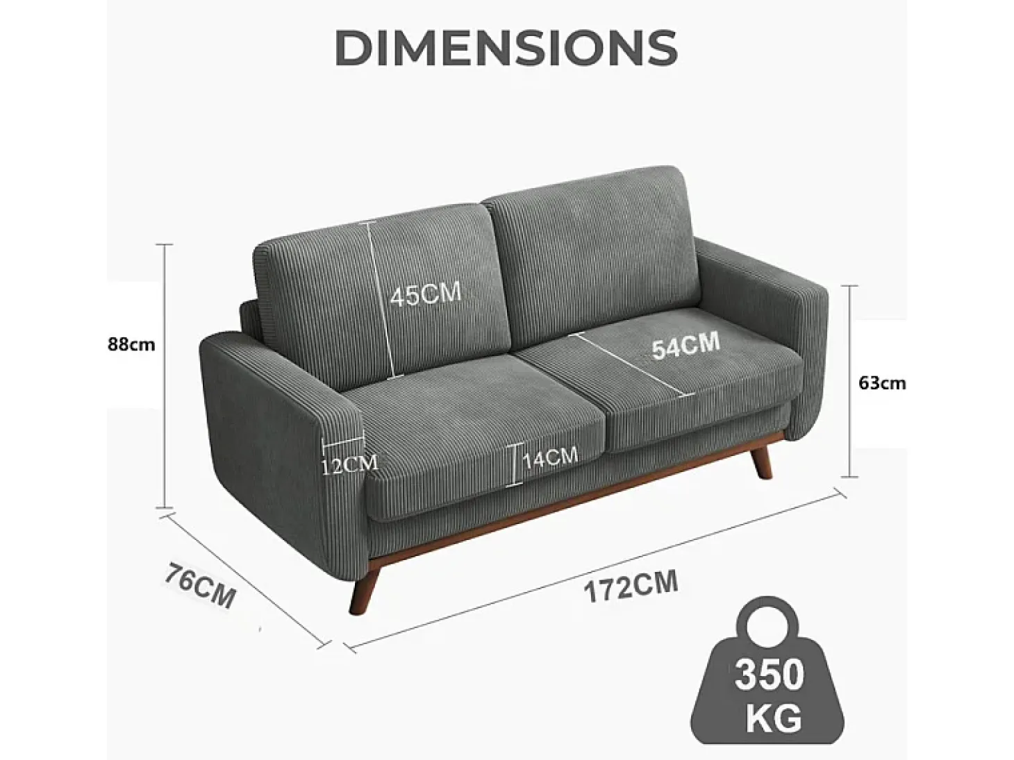 Sofá de 2 -Setente, sofá de madeira maciça, com assento profundo extra, assento com encosto acolchoado - 172x76x88cm