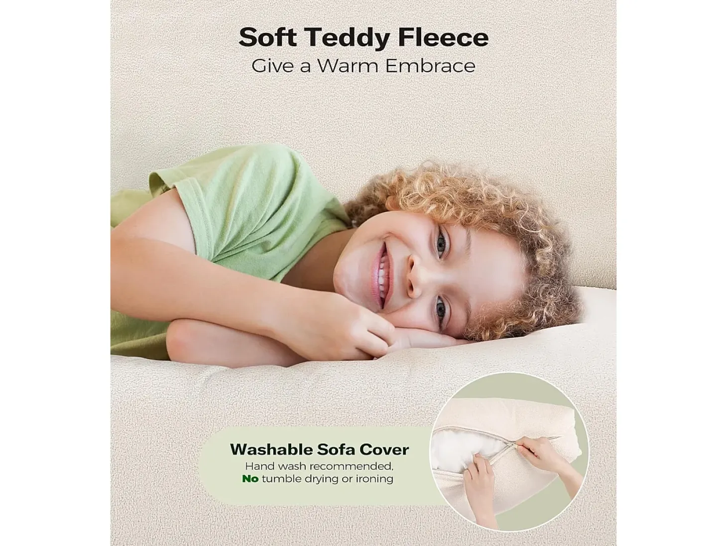 Sofá de 3 -Sety em Teddy Velvet, sofá grande do sofá direito em madeira maciça, sofre com apoios de braços, 210 x 79 x 89 cm - bege bege