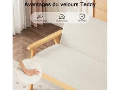Sofá de 2 -Sofá moderno da sala de estar, em Teddy Fleece, cenário de madeira, bege, 107x60x76cm