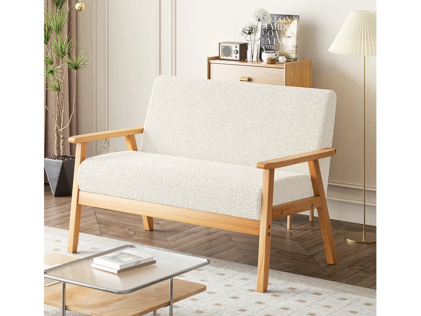 Sofá de 2 -Sofá moderno da sala de estar, em Teddy Fleece, cenário de madeira, bege, 107x60x76cm