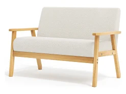 Sofá de 2 -Sofá moderno da sala de estar, em Teddy Fleece, cenário de madeira, bege, 107x60x76cm