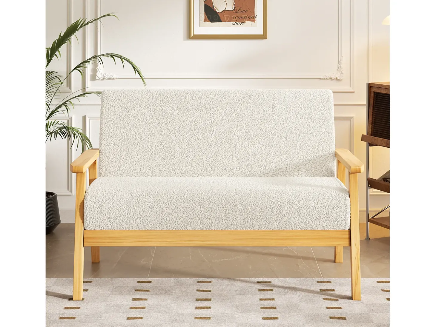 Sofá de 2 -Sofá moderno da sala de estar, em Teddy Fleece, cenário de madeira, bege, 107x60x76cm