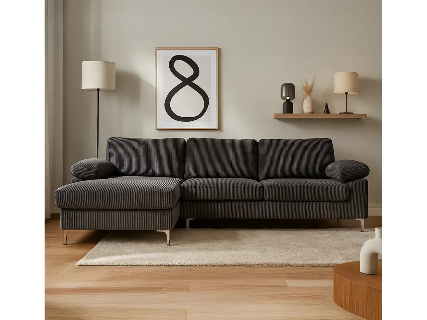 Sofá de canto 4-5 lugares com chaise longue esquerda em veludo cotelê cinza antracite GALWAY