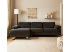 Sofá de canto 4-5 lugares com chaise longue esquerda em veludo cotelê cinza antracite GALWAY