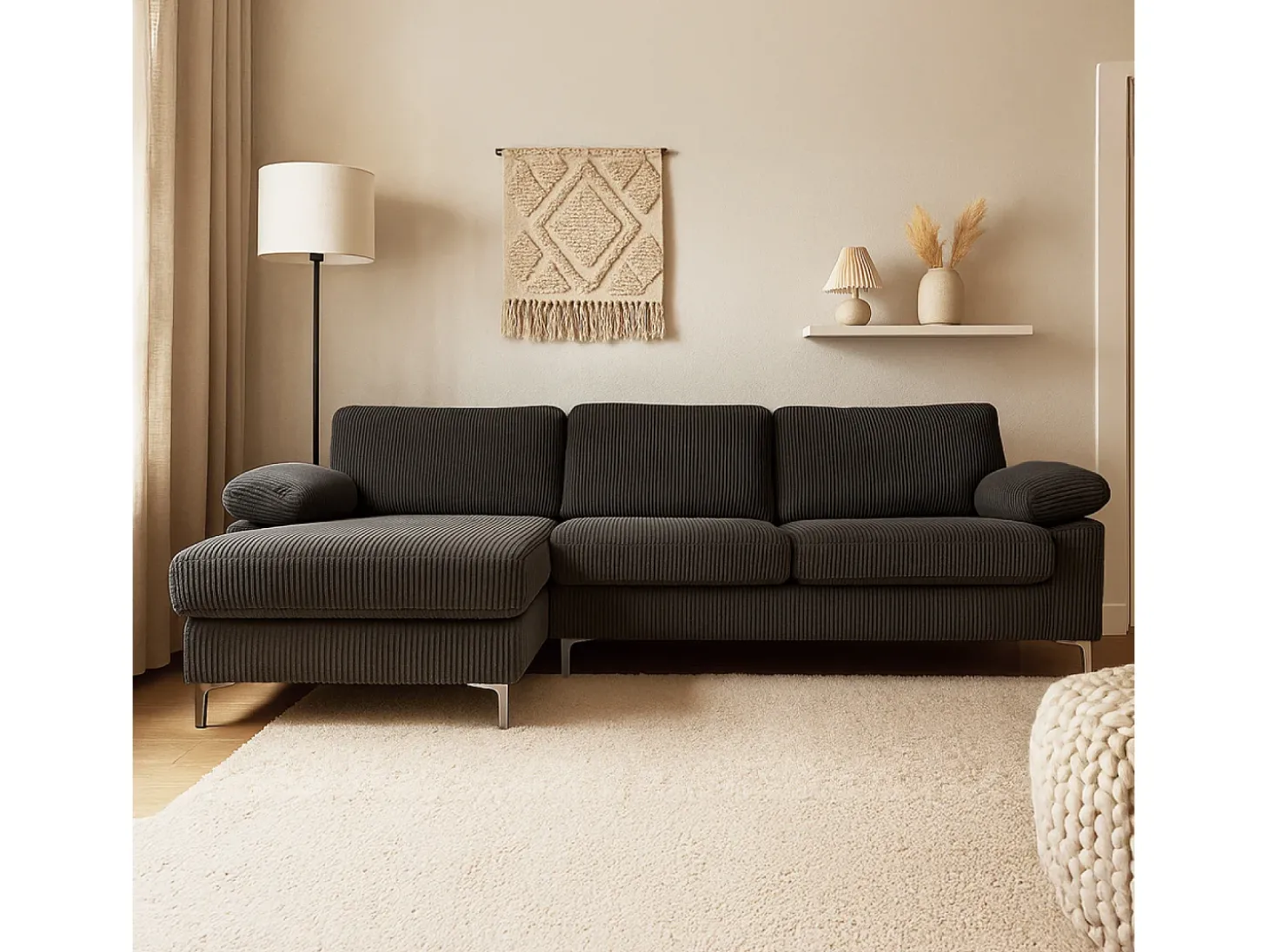 Sofá de canto 4-5 lugares com chaise longue esquerda em veludo cotelê cinza antracite GALWAY
