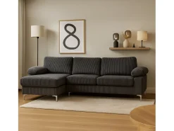 Sofá de canto 4-5 lugares com chaise longue esquerda em veludo cotelê cinza antracite GALWAY