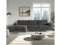 Sofá de canto 4-5 lugares com chaise longue esquerda em veludo cotelê cinza antracite GALWAY