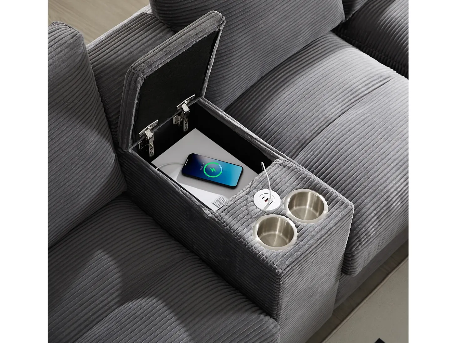 Sofá de canto 4 lugares em forma de U - com espaço de armazenamento - porta-copos incluído - 2 portas USB - cinza