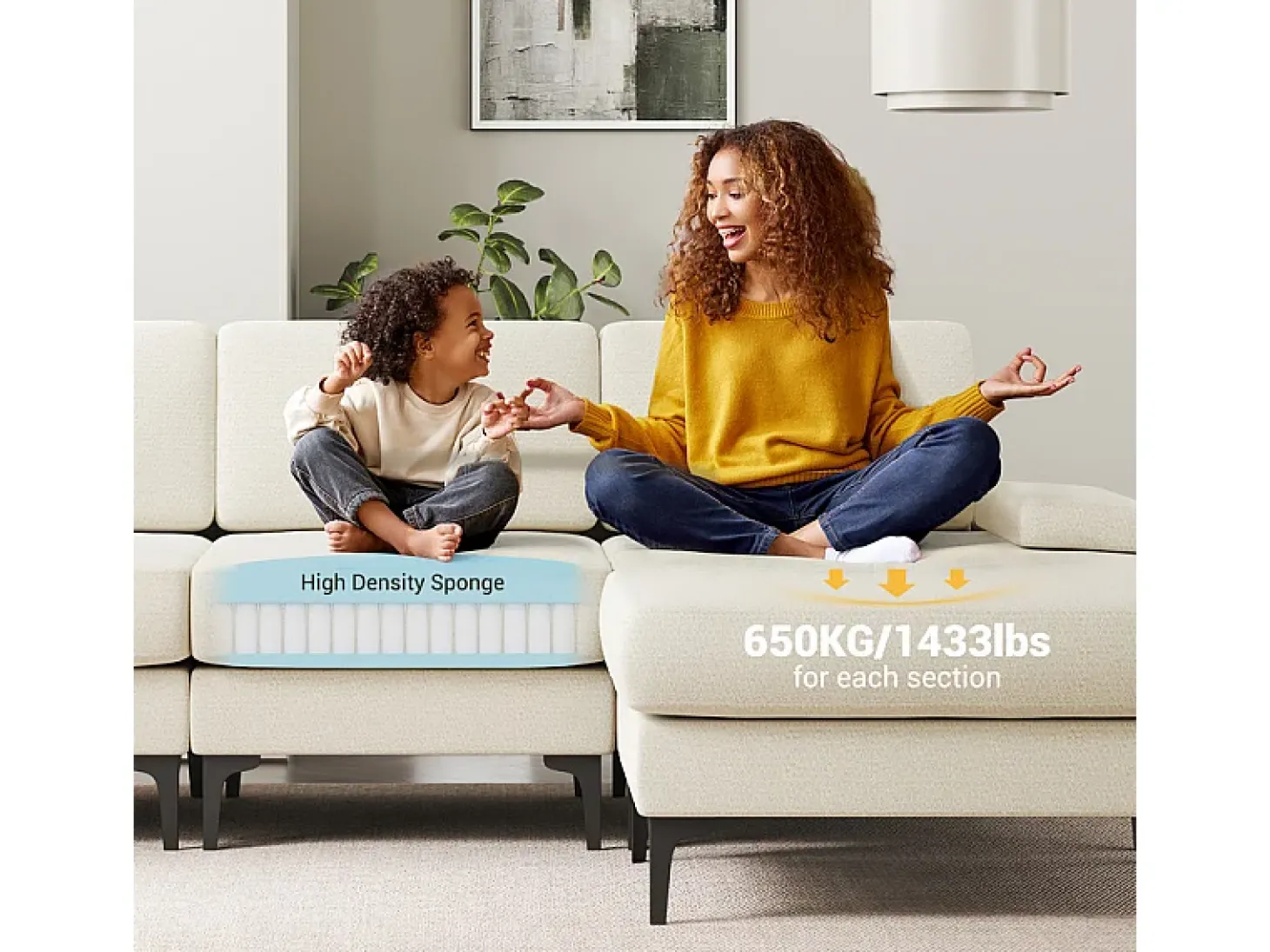 Sofá de Canto 3 Lugares em Chenille - com Ottomana - Carga Máx. 650kg - 244x146x83cm - Bege
