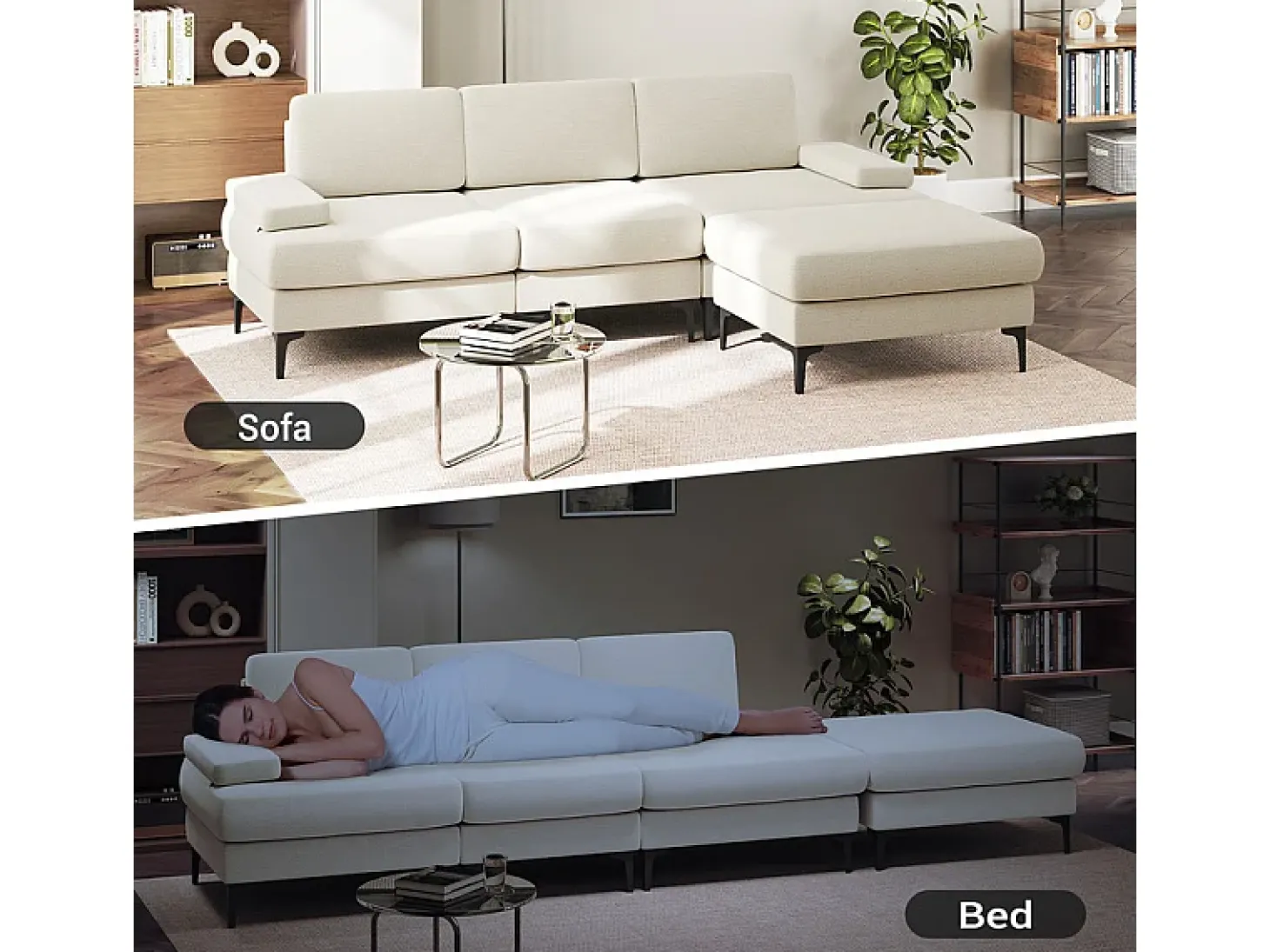 Sofá de Canto 3 Lugares em Chenille - com Ottomana - Carga Máx. 650kg - 244x146x83cm - Bege