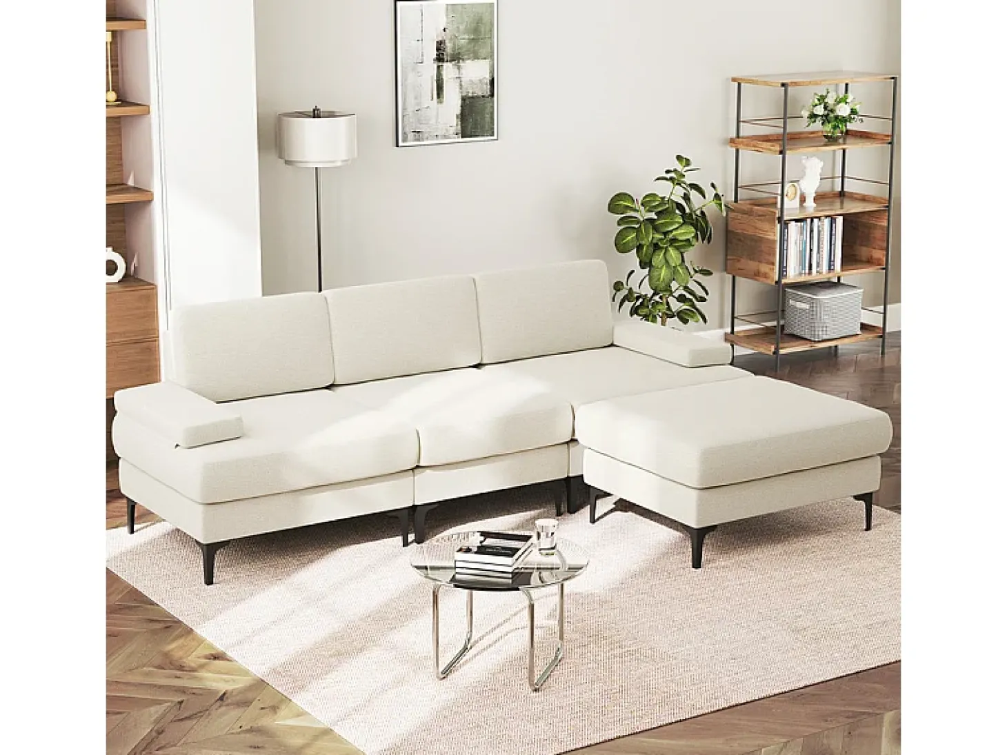 Sofá de Canto 3 Lugares em Chenille - com Ottomana - Carga Máx. 650kg - 244x146x83cm - Bege