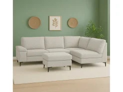 Sofá de canto 4/5 lugares em tecido chenille bege com pufe Confortável e moderno - Madeira e metal - Removível