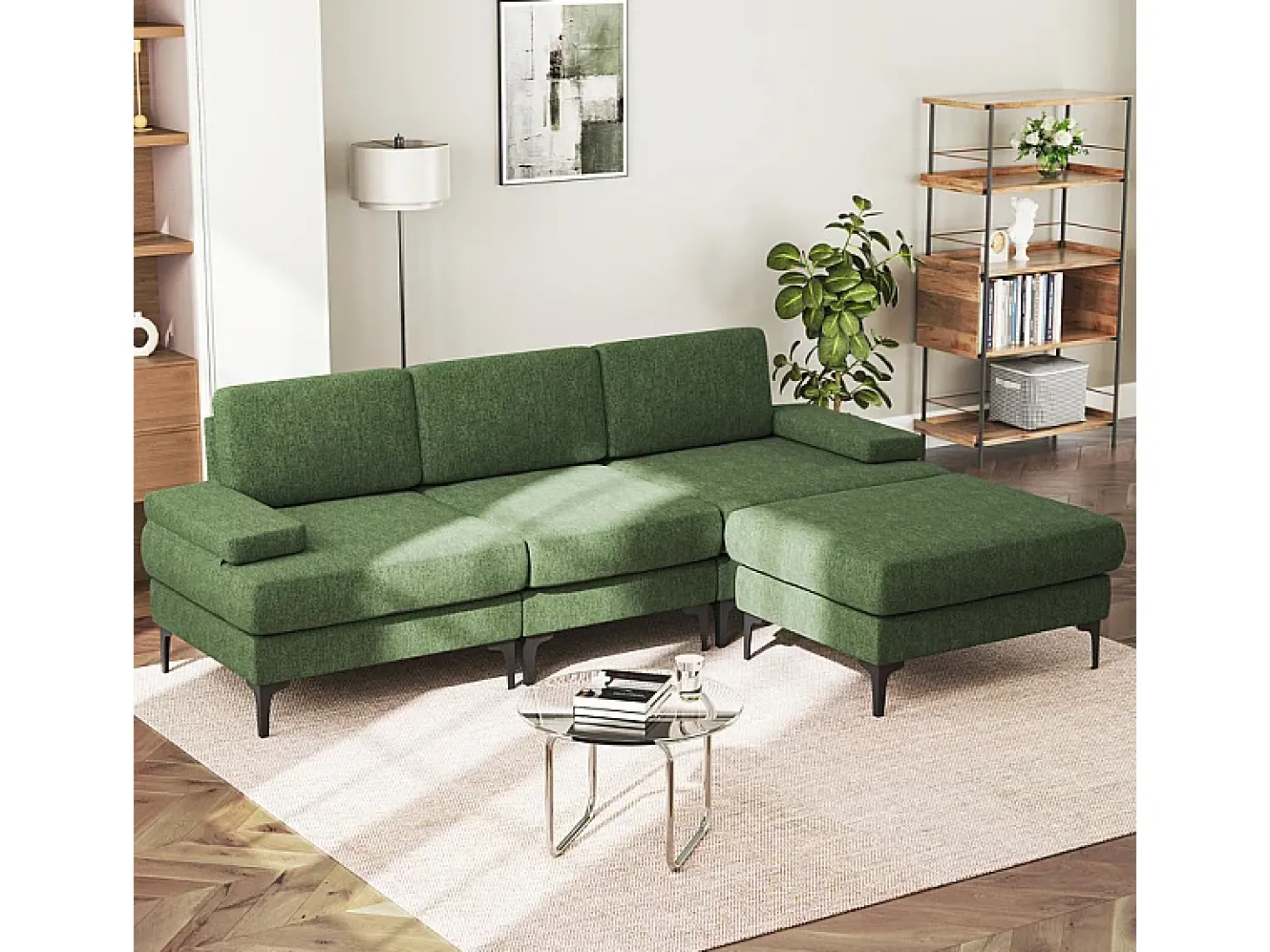 Sofá de Canto 3 Lugares em Chenille - com Ottomana - Carga Máx. 650kg - 244x146x83cm - Verde