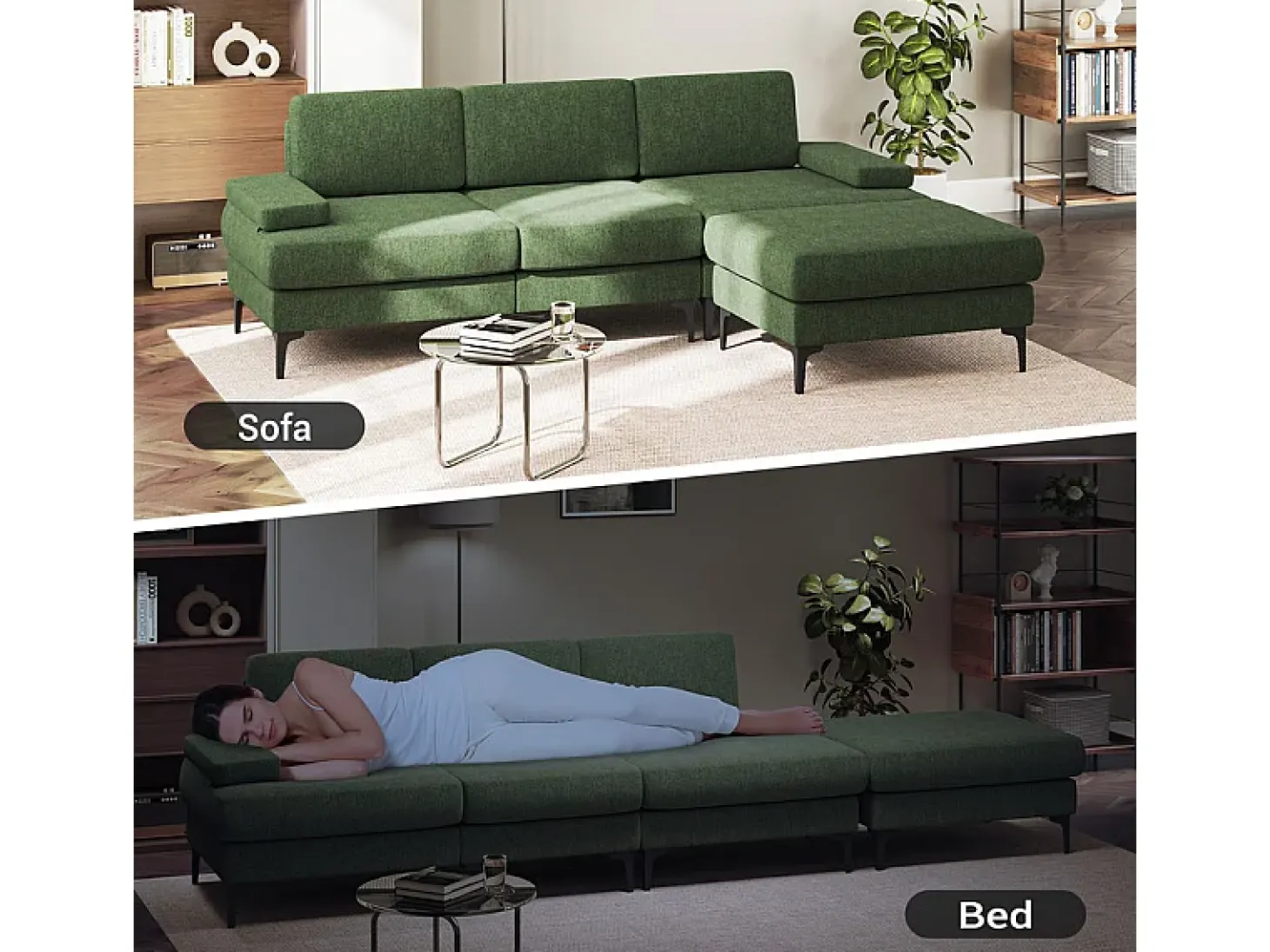 Sofá de Canto 3 Lugares em Chenille - com Ottomana - Carga Máx. 650kg - 244x146x83cm - Verde