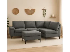 Sofá de canto 4/5 lugares em chenille cinza antracite com pufe KONEKT 3 lugares - Confortável, modular e elegante