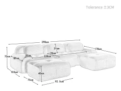 Sofá de canto 3 lugares modular - em Veludo cotelê - com 3 almofadas e 2 puffs - 298x178x70cm - Marrom