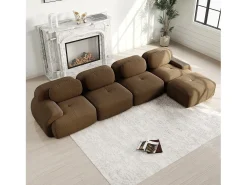 Sofá de canto 4 lugares modular - em Veludo cotelê - com 4 almofadas e puff - 388x178x70cm - Marrom