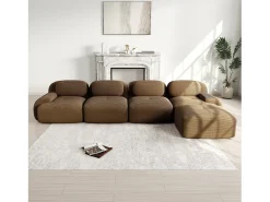 Sofá de canto 4 lugares modular - em Veludo cotelê - com 4 almofadas e puff - 388x178x70cm - Marrom