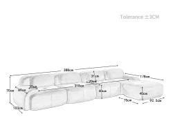 Sofá de canto 4 lugares modular - em Veludo cotelê - com 4 almofadas e puff - 388x178x70cm - Marrom