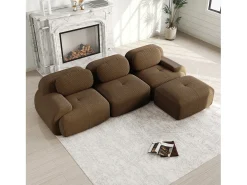 Sofá de canto 3 lugares modular - em Veludo cotelê - com 3 almofadas e puff - 298x178x70cm - Marrom