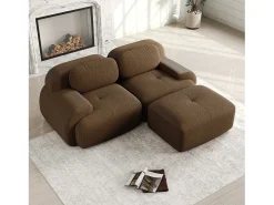 Sofá de canto 2 lugares modular - em Veludo cotelê - com 2 almofadas e puff - ergonômico - 208x178x70cm - Marrom