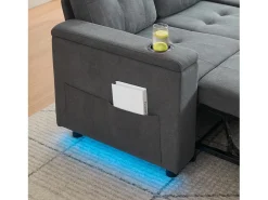 Sofá de canto 3 lugares 208x146x89,5 cm - Dobrável - com iluminação LED - com porta-copos e saco de armazenamento - Cinza