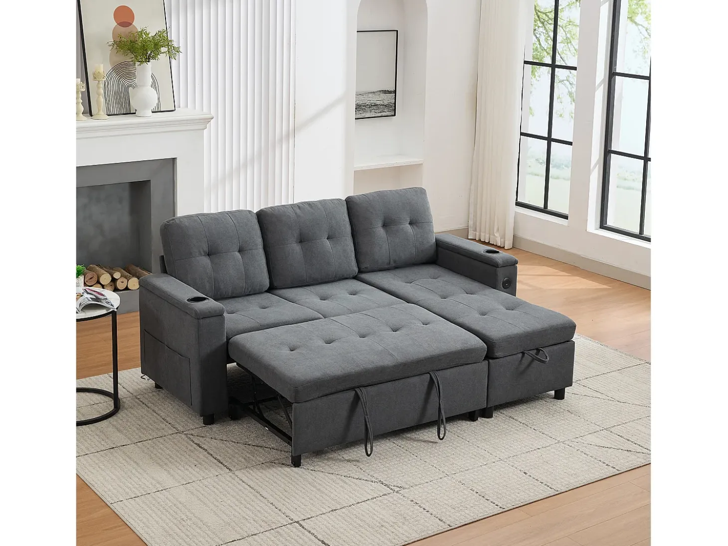Sofá de canto 3 lugares 208x146x89,5 cm - Dobrável - com iluminação LED - com porta-copos e saco de armazenamento - Cinza