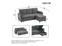 Sofá de canto 3 lugares 208x146x89,5 cm - Dobrável - com iluminação LED - com porta-copos e saco de armazenamento - Cinza