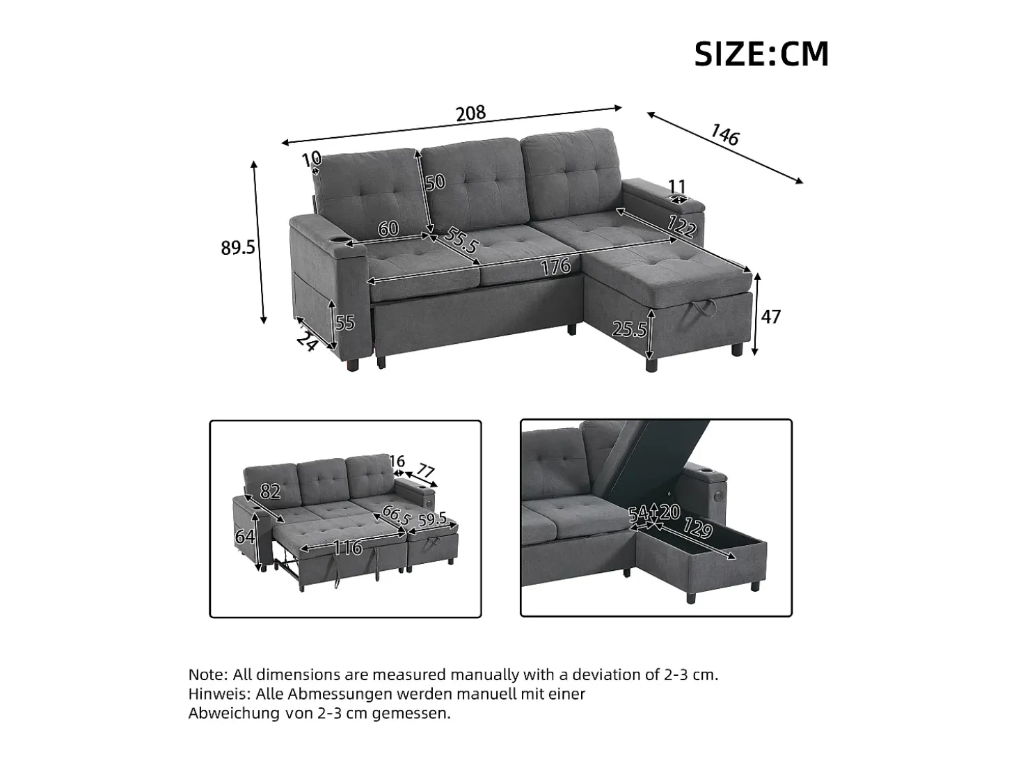 Sofá de canto 3 lugares 208x146x89,5 cm - Dobrável - com iluminação LED - com porta-copos e saco de armazenamento - Cinza